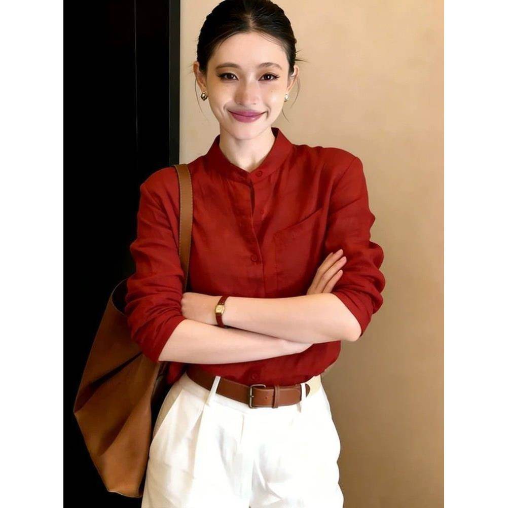 超好看红色天丝立领衬衫女款夏季宽松小个子长袖防晒上衣透感衬衣