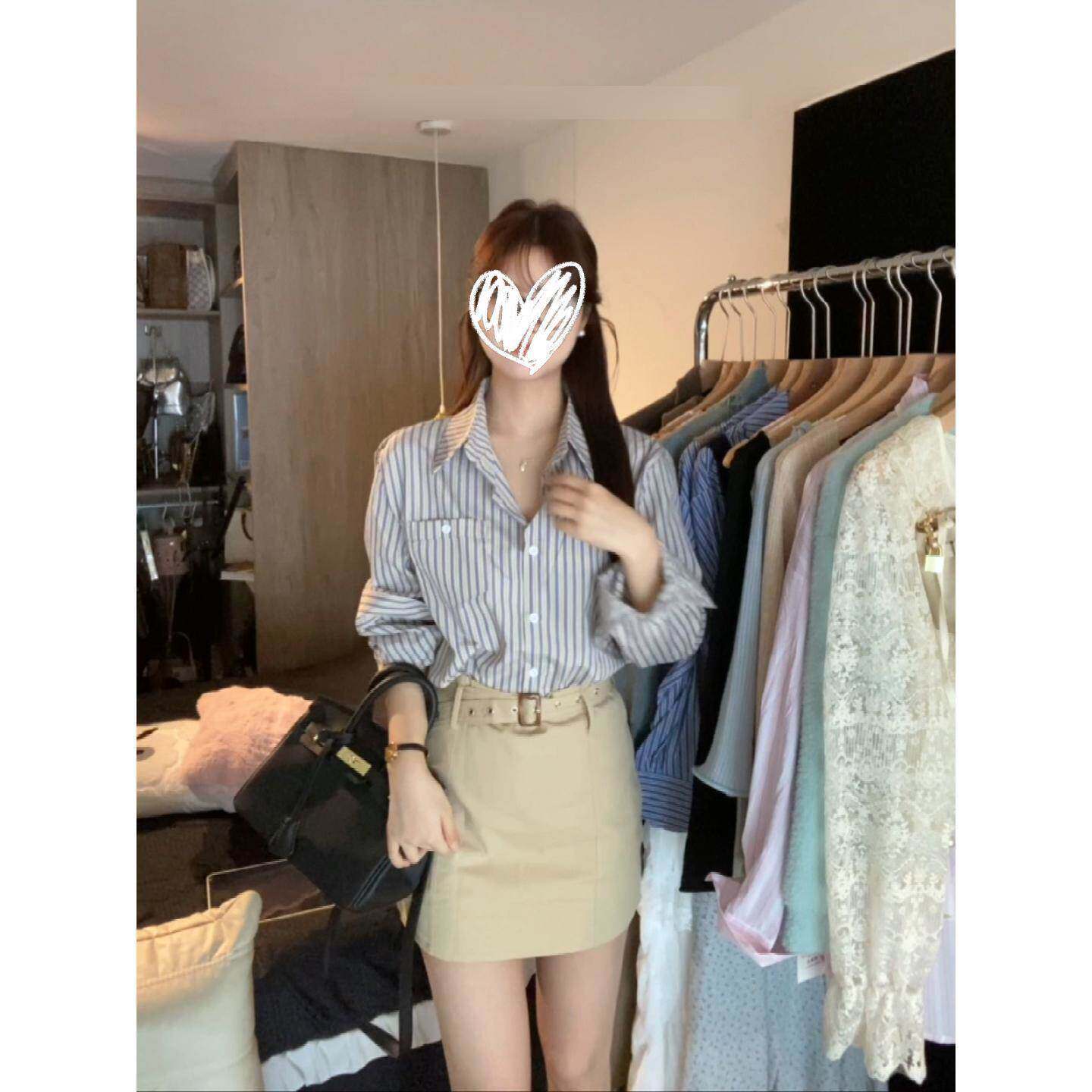 秋季韩系气质蓝色竖纹衬衫女设计感小众西装半身裙女两件套装