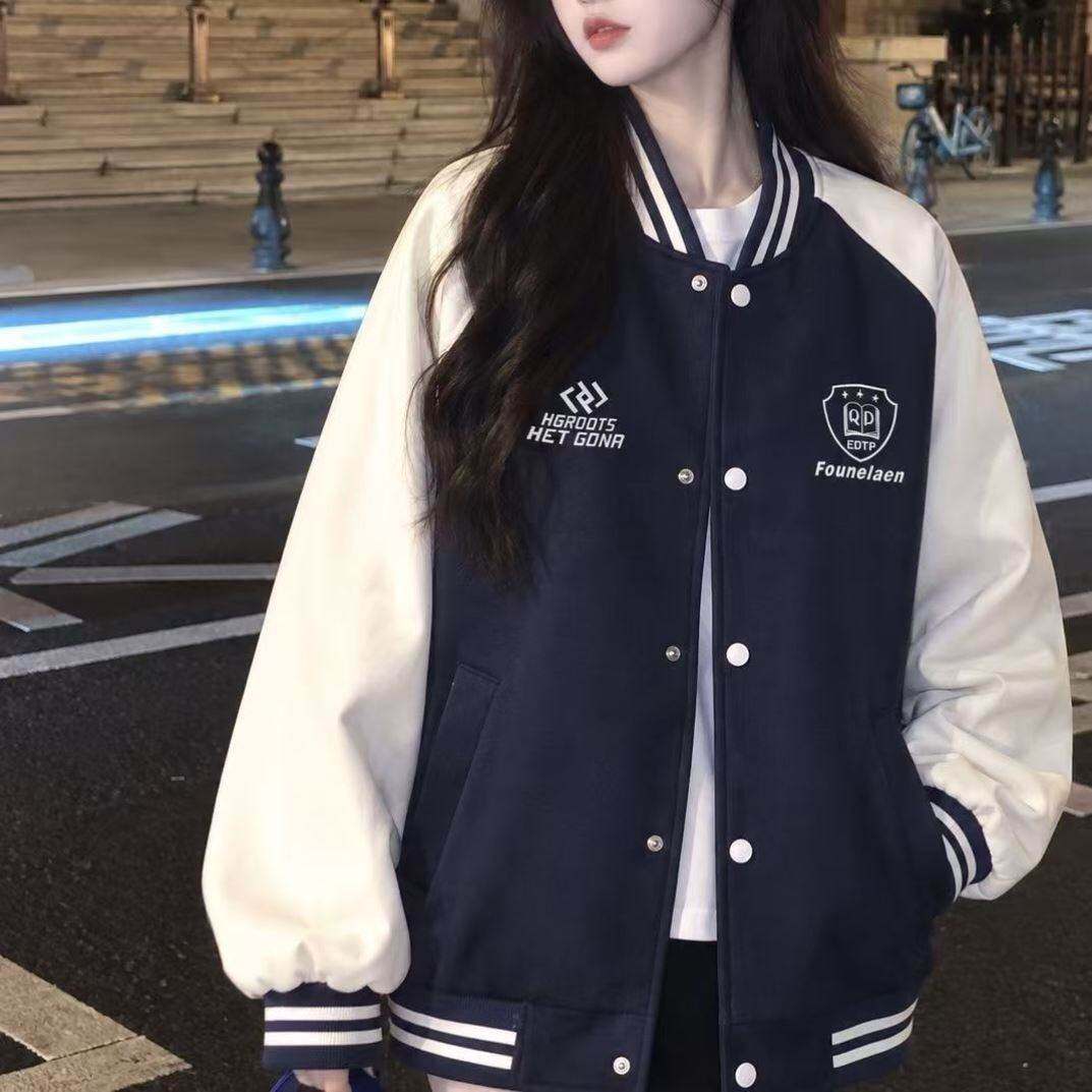 爆款新版徽章棒球服情侣装2026早秋宽松落肩插肩袖撞色条纹休闲