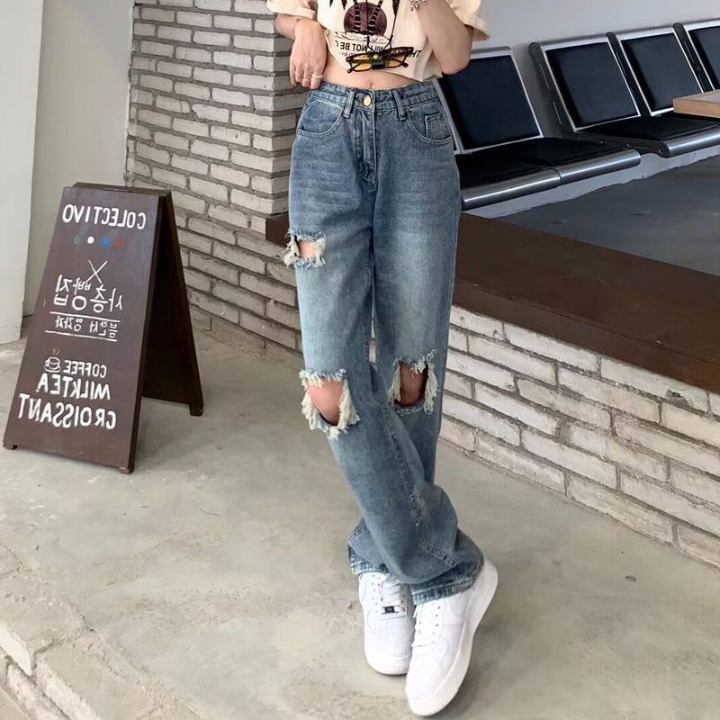 女复古美式直筒水洗破洞高腰阔