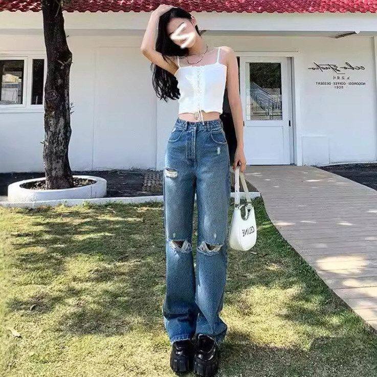 女显瘦宽松垂感年破洞牛仔裤直筒