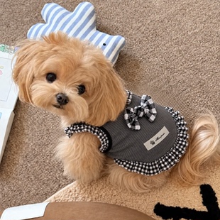 狗狗衣服黑白格子蝴蝶结荷叶边吊带裙甜美宠物连衣裙