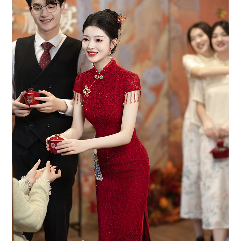 新娘旗袍-红色敬酒服新娘旗袍订婚礼服连衣裙中式结婚蕾丝女回门