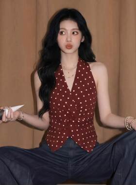 Forever21韩系红色波点挂脖吊带背心女春洋气V领扭结无袖收腰上衣