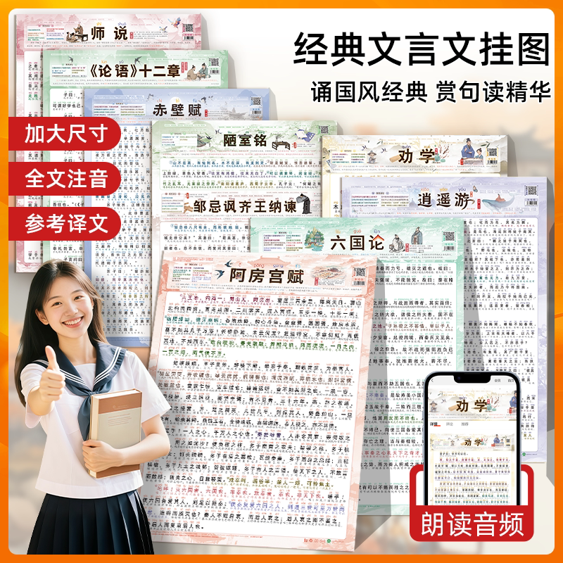 高中必背古诗词古诗文挂图劝学师说逍遥游赤壁赋阿房宫赋注音墙贴