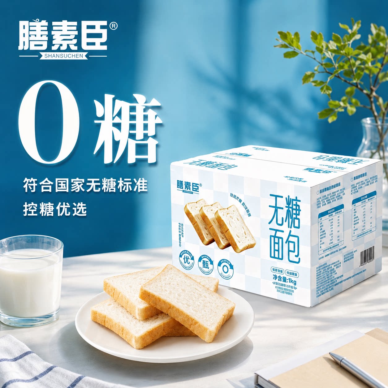 膳素臣无糖全麦吐司片面包零食饱腹粗粮整箱抗饿健身营养早餐代餐