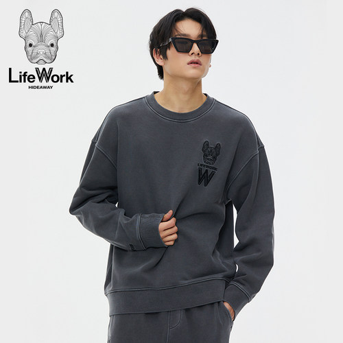 LIFEWORK HIDEAWAY圆领套头卫衣男灰色刺绣logo宽松街头潮流上衣