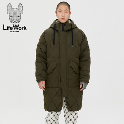 LIFEWORK HIDEAWAY新款连帽中长款羽绒服男菱格绗缝防风保暖外套