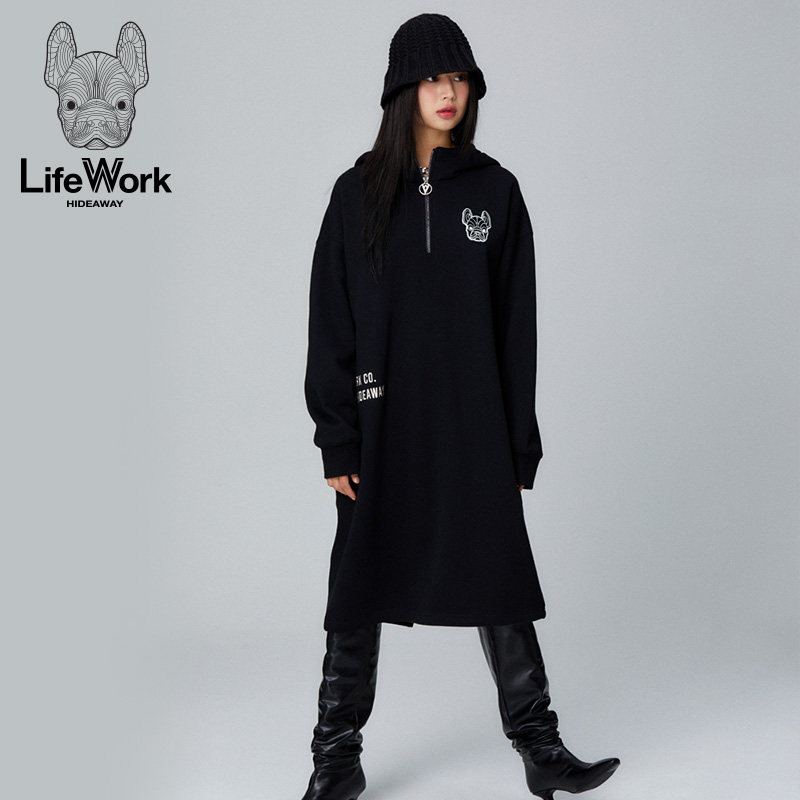 LIFEWORK HIDEAWAY休闲运动半拉链连衣裙女中长款宽松百搭卫衣裙图片