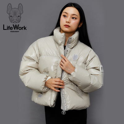 LIFEWORK HIDEAWAY黑色亮面短款羽绒服立领面包服男女同款外套
