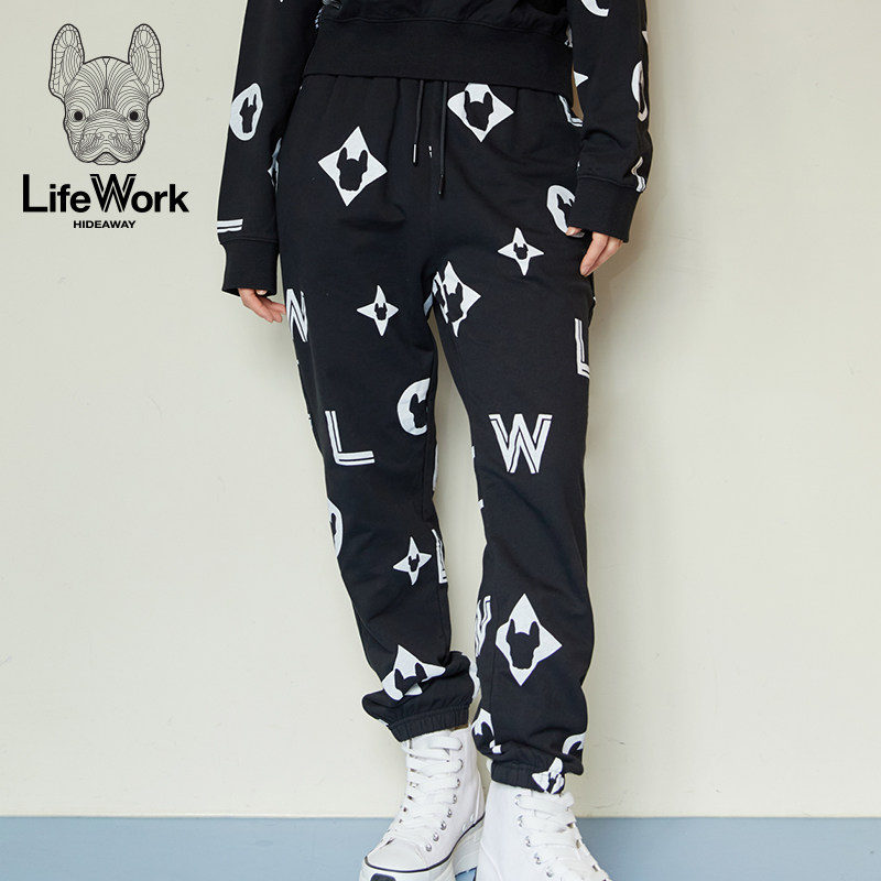 LIFEWORK HIDEAWAY法斗犬印花卫裤男女同款黑色束脚裤休闲长裤