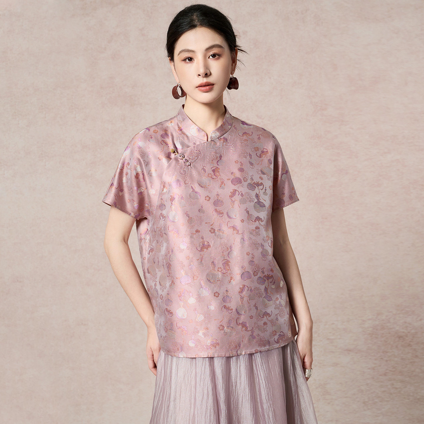 新中式国风短袖T恤上衣女新款夏设计感高端唐装真丝桑蚕丝短袖女