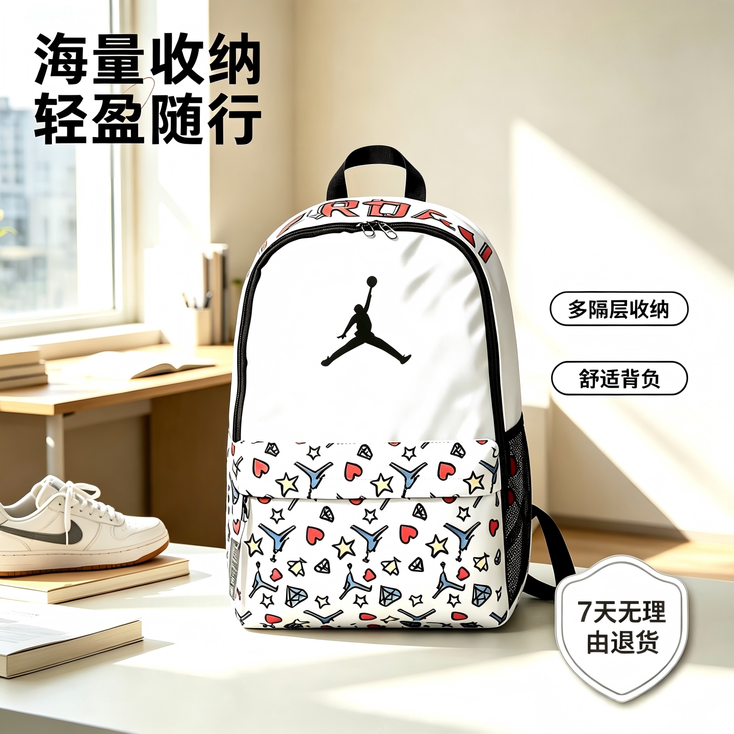 大容量学生书包美式满天星印花双肩包飞人背包初高中生男女通用包