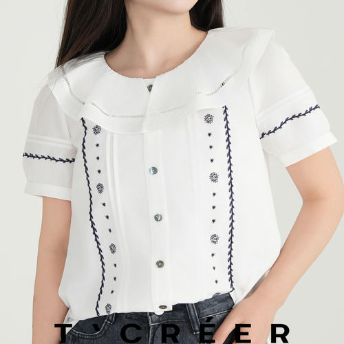 T`CREER｜【如月之恒】荷叶领白色衬衫短袖上衣女
