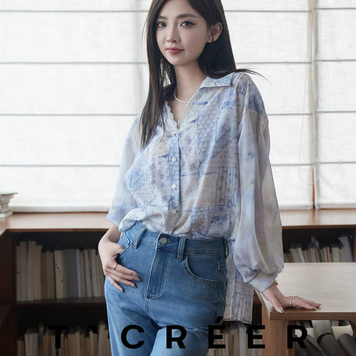 T`CREER｜鸢尾花方野 夏季度假风油画印花薄款宽松百搭休闲衬衫女