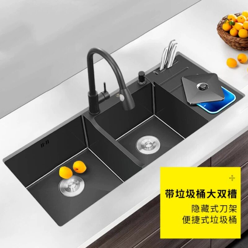 带刀架垃圾桶多功能304不锈钢加厚水槽带沥水篮纳米黑色双槽三槽
