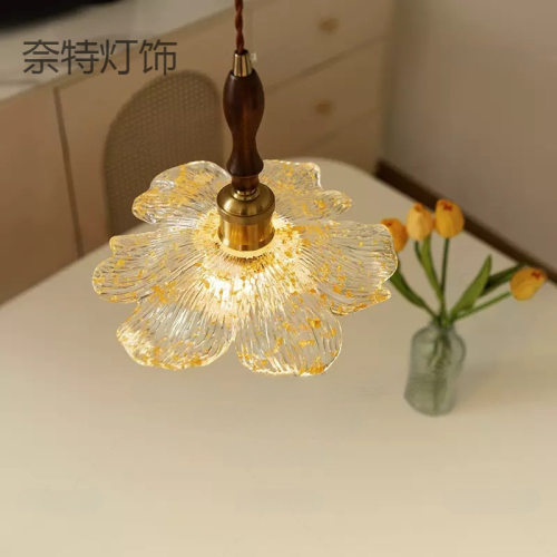 中古花瓣餐厅吊灯胡桃木简约吧台三头长餐桌灯法式复古莲韵过道灯