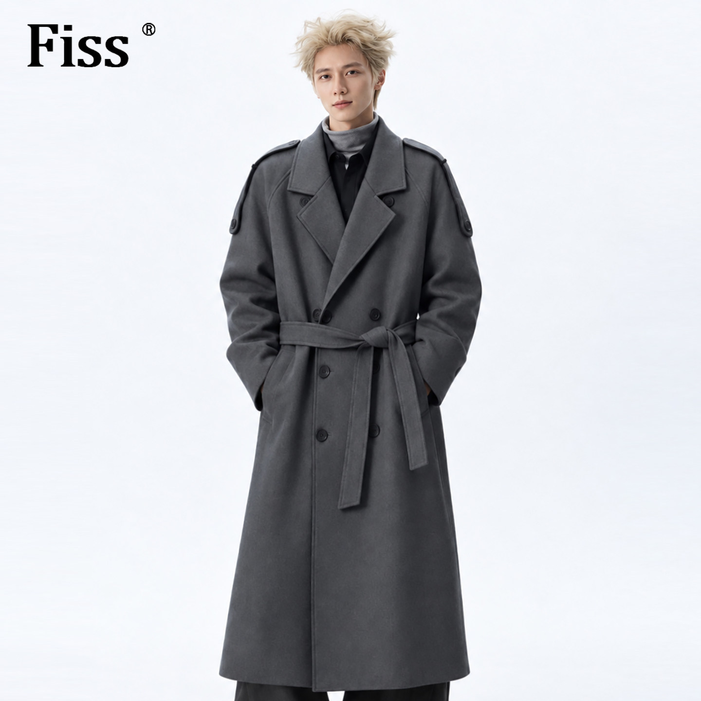fiss高级灰色双排扣中长款大衣男款冬季肩章腰带收腰廓形风衣外套
