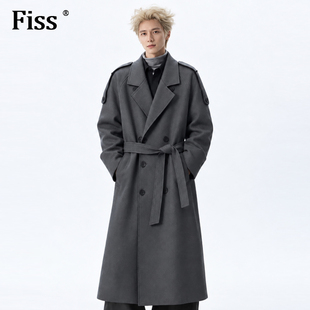 fiss高级灰色双排扣中长款大衣男款冬季肩章腰带收腰廓形风衣外套