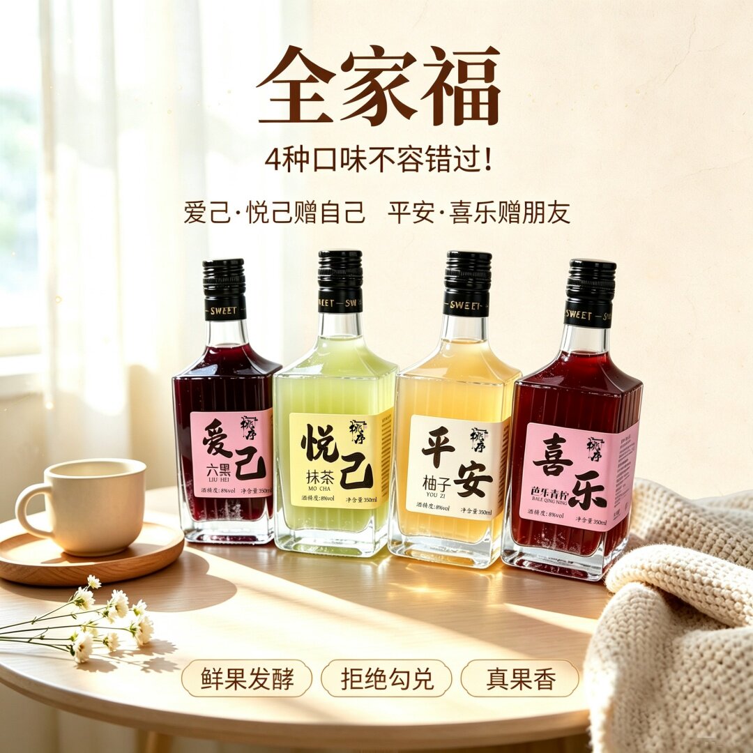 【全家福4种口味】桃序鲜果发酵女生8度微醺甜酒低度高颜值水果酒