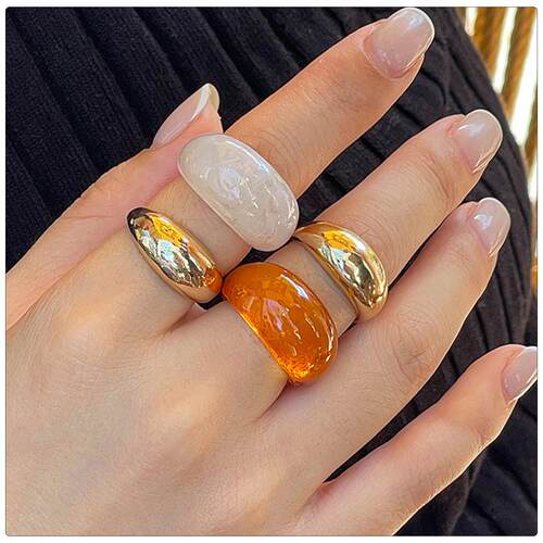 欧美跨境时尚ins几何金属光面戒指套装 琥珀色树脂开口指环Rings