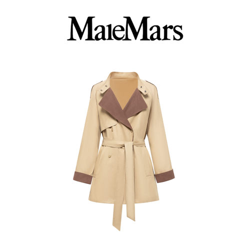 MaleMars【朝花夕拾】英伦风翻领卡其色短款风衣外套女秋收腰大衣
