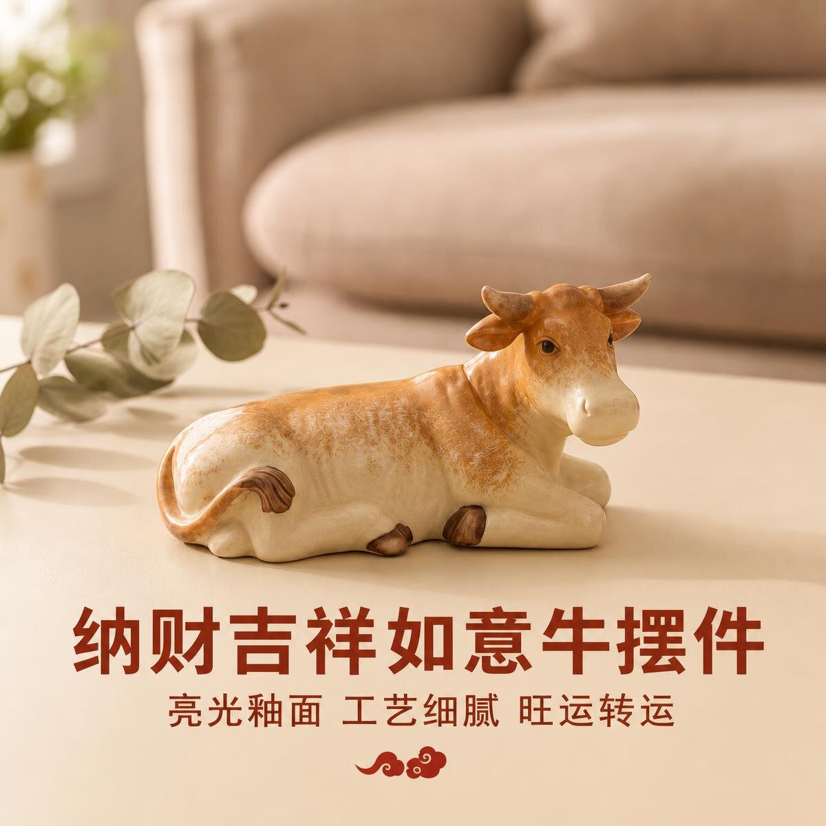 卧牛陶瓷牛摆件陶土十二生肖牛气桌面摆件