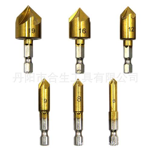 扩孔倒角器 6-19mm六件套 木工锪 钻套6PC六角柄 镀钛五刃倒角刀