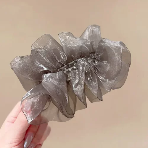 韩系缎光网纱褶皱香蕉夹半扎发