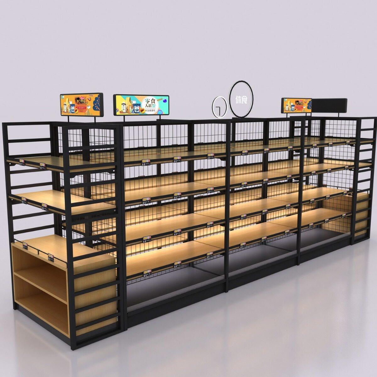 铁木结合双面中岛展示货架导购牌铁质背网后墙超市休闲食品展示