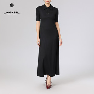 阿玛施夏季新款女士衬衫领短袖A字裙时尚垂坠感加长连衣裙550030