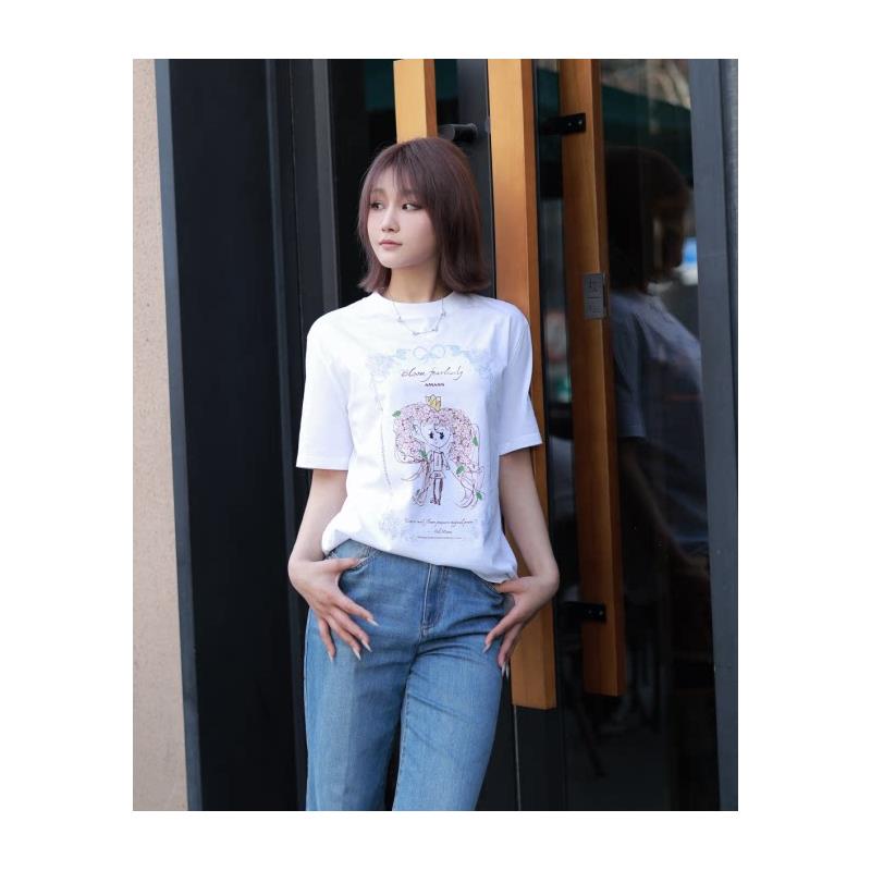阿玛施纯棉舒适短袖T恤简约大方正肩印花上衣女士春季新品530082