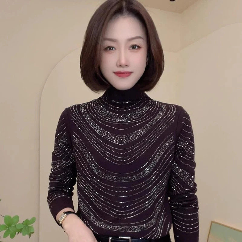 秋季新款烫钻显瘦洋气打底衫时尚半高领长袖女士修身上衣D75855