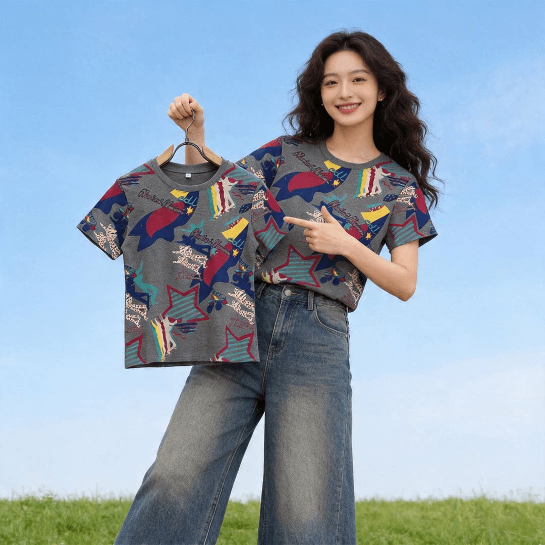 夏季涂鸦灰底显瘦短袖T恤女款