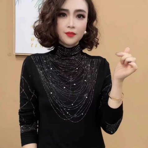2026新款半高领百搭洋气烫钻T恤时尚长袖气质简约女小衫D75432