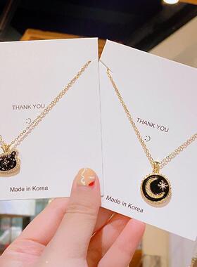 时尚轻奢感滴油黑色小熊皇冠项链女星星月亮元素吊坠钛钢锁骨链
