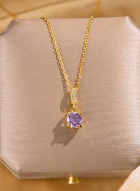钛钢项链紫色方钻吊坠微镶锆石级感百搭锁骨链网红热销气质饰品