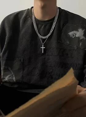 欧美街嘻哈风设计感人物做旧印花水洗短袖T恤女潮牌宽松上衣