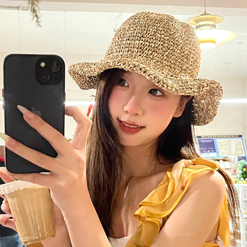 OVANCY日本手工防晒渔夫帽女2025新款复古卷边遮阳帽海边优雅草帽