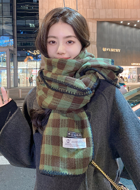 OVANCY氛围感围巾女冬季日系复古仿羊绒格子披肩红色情侣保暖围脖