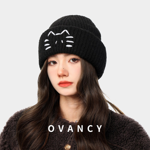 OVANCY软糯可爱猫咪毛线帽女冬季宽松复古羊毛针织保暖包头冷帽子