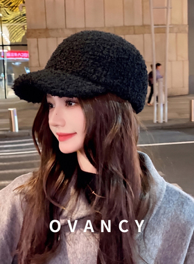 OVANCY显脸小羊羔毛绒鸭舌帽女2026新款复古宽松马术帽保暖针织帽