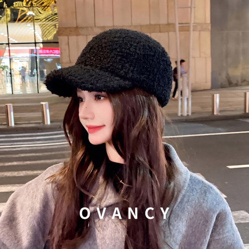 OVANCY显脸小羊羔毛绒鸭舌帽女2026新款复古宽松马术帽保暖针织帽