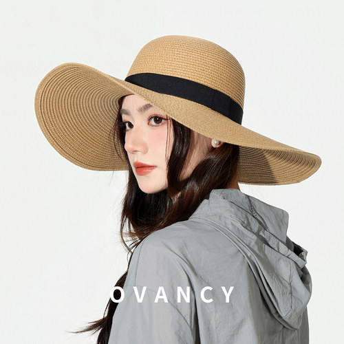 OVANCY日本显脸小草帽女夏季海边出游平顶遮阳沙滩帽遮脸太阳帽潮