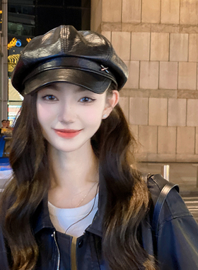 OVANCY显脸小PU皮质八角帽女2025新款海军贝雷帽英伦复古报童帽子