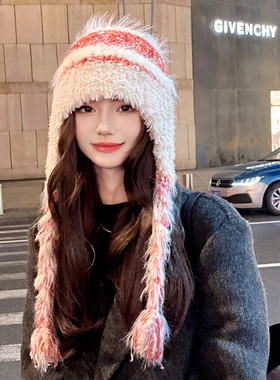 OVANCY可爱毛绒雷锋帽女冬季2024新款显脸小复古毛线帽适合方圆脸