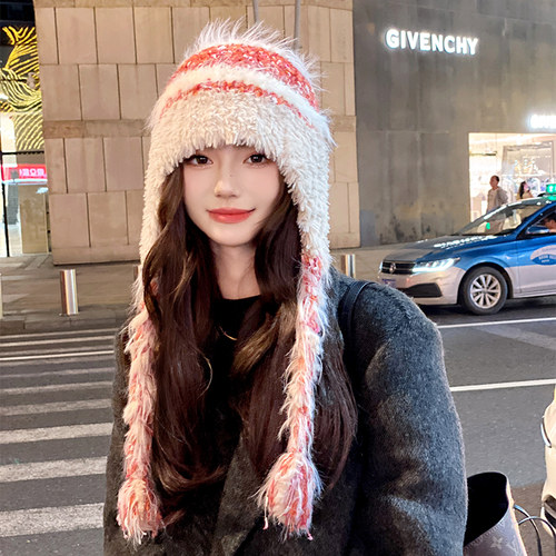 OVANCY可爱毛绒雷锋帽女冬季2024新款显脸小复古毛线帽适合方圆脸