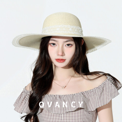 OVANCY日系蕾丝草帽女2026新款夏季海边沙滩遮阳帽大帽檐太阳帽子