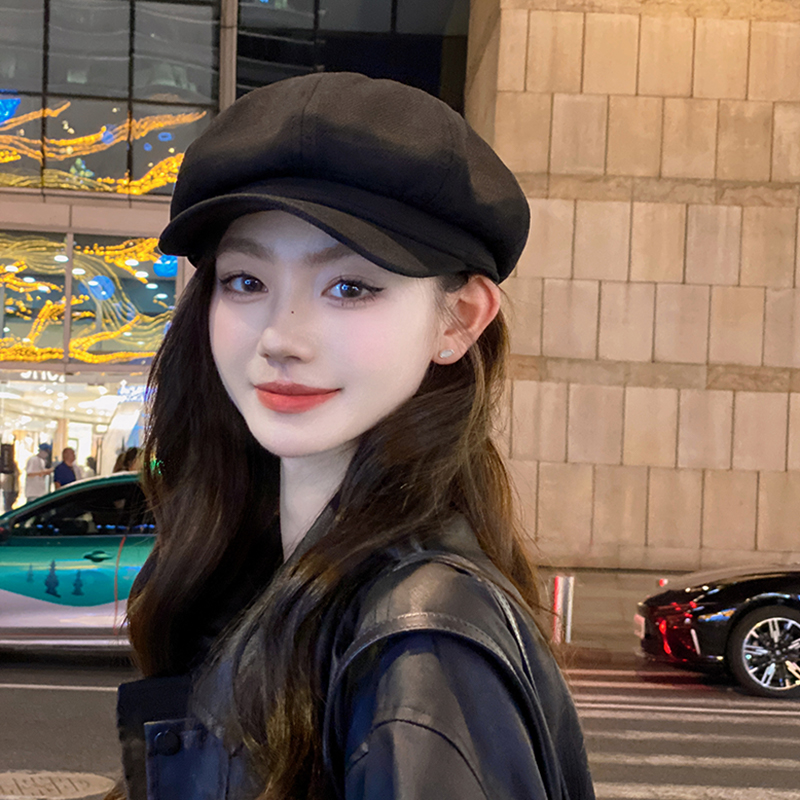 OVANCY显脸小八角帽女2024新款秋冬黑色复古贝雷帽日系鸭舌报童帽