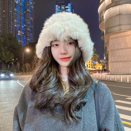 显脸小兔毛毛线帽冬季毛绒包头帽